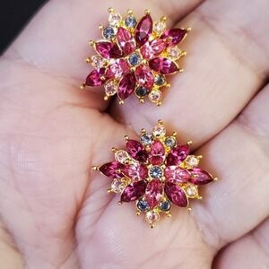 Joan Rivers Vintage Gold Plate Pink Fuchsia Rhinestone Floral Starburst Earrings